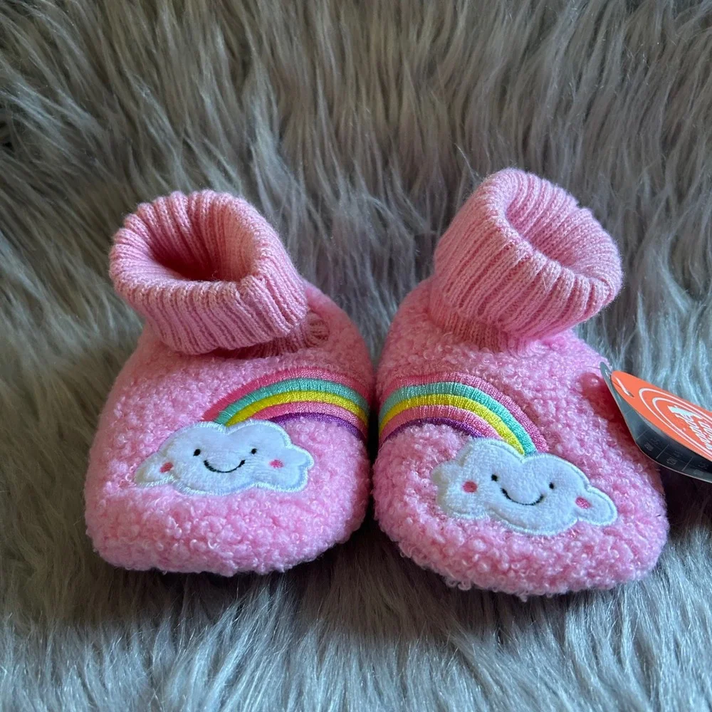 Wonder Nation Slippers Baby Girl Size 6 Pink Fuzzy Rainbow Shoes 18 Months NEW